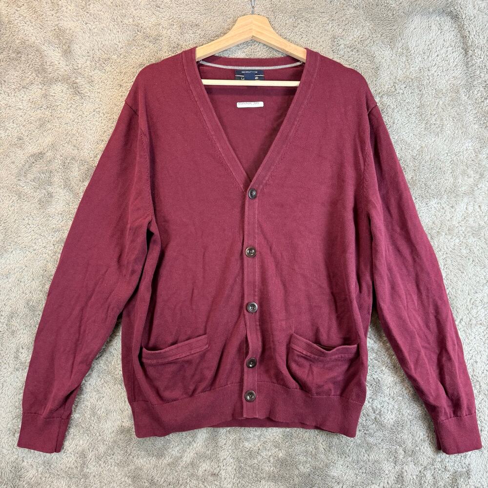 Lands End Cardigan Grandpa Sweater Maroon Red 100% Supima Cotton L Large 42-44